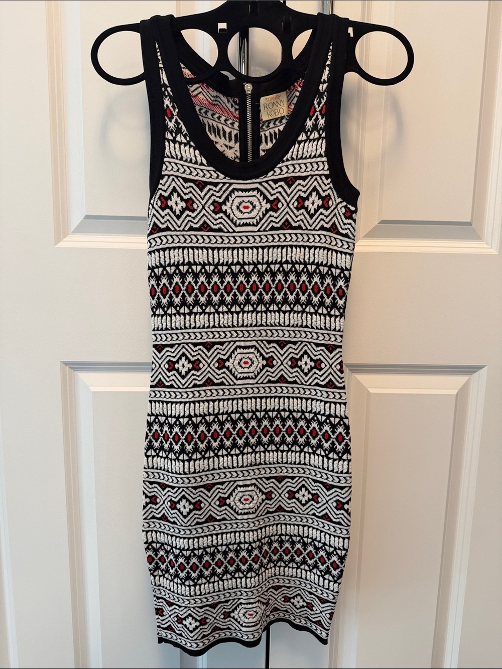 Ronny Kobo Black, White & Red Aztec-Pattern Tank Mini Dress